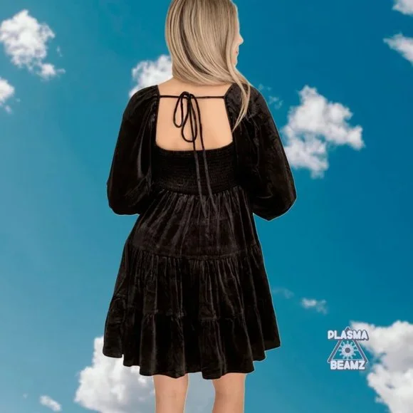 Lucy Paris Melissa Black Velvet Tiered Babydoll Dress - Picture 16 of 16